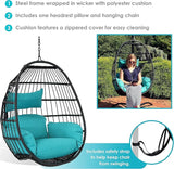 Sunnydaze Dalia Black Steel and Polyethylene Wicker Hanging Egg Chair with Teal Polyester Seat Cushions - 45-Inch Tall - Photo 2