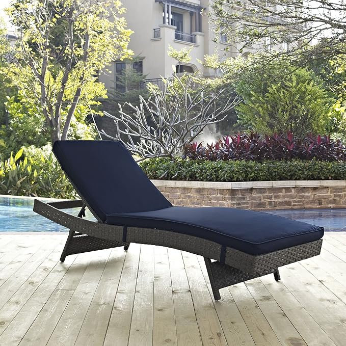 Modway Sojourn Wicker Rattan Outdoor Patio Sunbrella Fabric Chaise Lounge in Canvas Navy - Photo 2