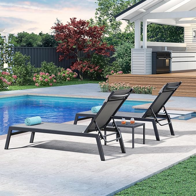PURPLE LEAF Outdoor Lounge Chair Set Aluminum Patio Chaise Lounger with Side Table and Pillow for Outside Pool Beach Sunbathing Tanning Recliner Grey