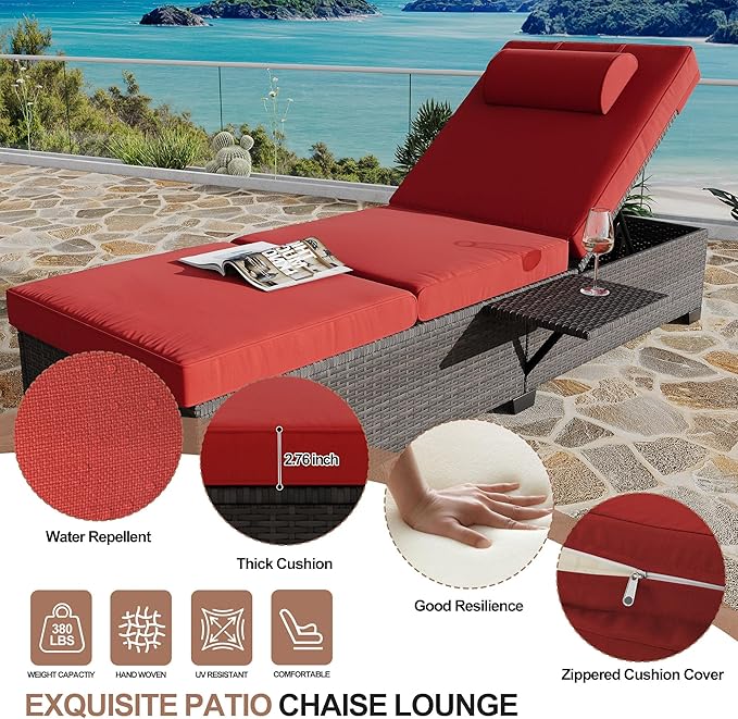GarveeHome Patio Rattan Wicker Chaise Lounge Chair Set of 2, Wicker Chaise Lounge Outdoor for Pool Deck - Photo 6
