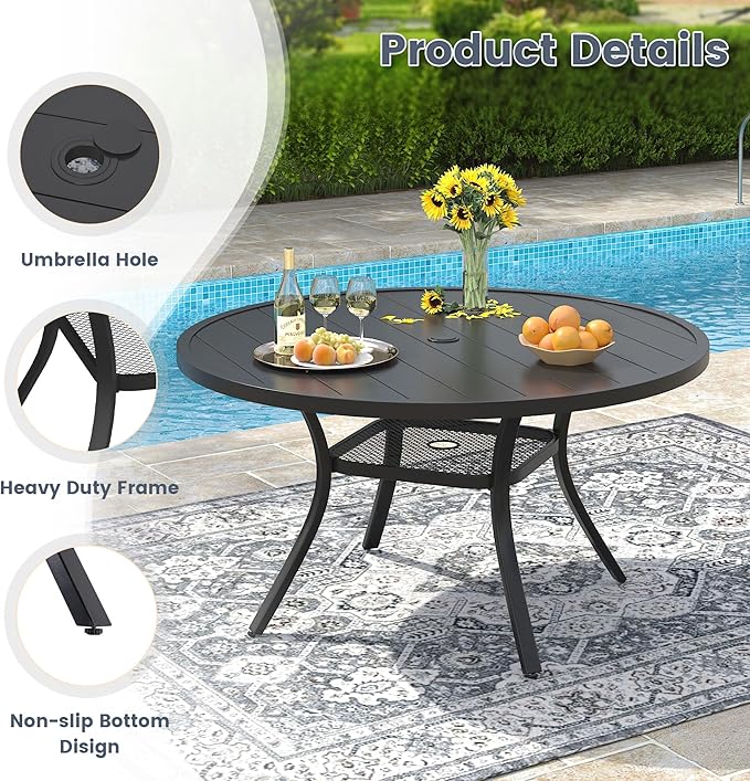 VICLLAX 40.6" Round Metal Outdoor Dining Table for 4, Patio Table with Umbrella Hole and Storage Shelf for Garden, Lawn - Photo 4