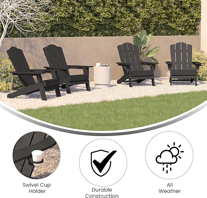 Flash Furniture Newport Adirondack Chairs with Cup Holders, Weather Resistant Poly Resin Adirondack Chairs, Set of 4 - Photo 5
