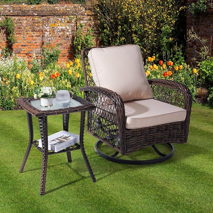 Henf Wicker Rattan Side Table Outdoor Square End Table Coffee Table with Glass Top, Patio Wicker Garden Side Table Small End Table with Storage for Patio Courtyard Balcony
