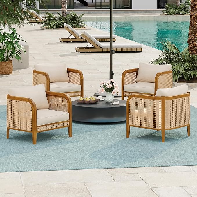 Christopher Knight Home Tilden Bohemian Acacia Wood Lounge Chair Outdoor Set of 4, Wicker Patio Accent Chair with Wooden Frame, Patio Furniture Set with Removable Cushion, Teak+Beige