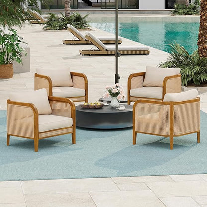 Christopher Knight Home Tilden Bohemian Acacia Wood Lounge Chair Outdoor Set of 4, Wicker Patio Accent Chair with Wooden Frame, Patio Furniture Set with Removable Cushion, Teak+Beige
