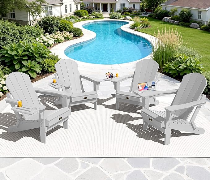 SERWALL Folding Adirondack Chair Set of 4, Outdoor Adirondack Chairs with 4 in 1 Cup Holder, Wood Texture Patio Chairs, Weather Resistant Fire Pit Chairs for Patio Deck Garden, Backyard - Spanish Gray