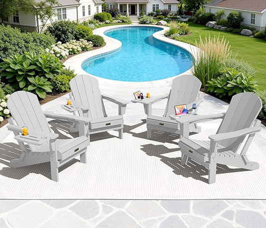 SERWALL Folding Adirondack Chair Set of 4, Outdoor Adirondack Chairs with 4 in 1 Cup Holder, Wood Texture Patio Chairs, Weather Resistant Fire Pit Chairs for Patio Deck Garden, Backyard - Spanish Gray