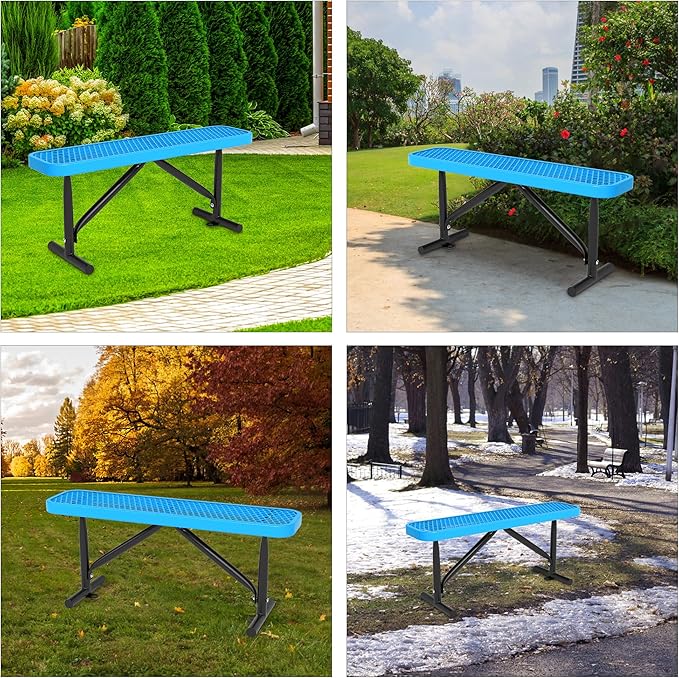4ft Outdoor Metal Park Bench, 48" Backless Heavy-Duty Commercial Blue Garden Bench with Expanded Steel Mesh Seat, Weatherproof Park Patio Dining Table Bench for Backyard Lawn School Porch Deck