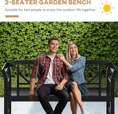 Outsunny Wooden Patio Bench, Outdoor Garden Bench with Backrest and Armrests, 3 Person Porch Bench with Rustic Country Diamond Pattern, Black