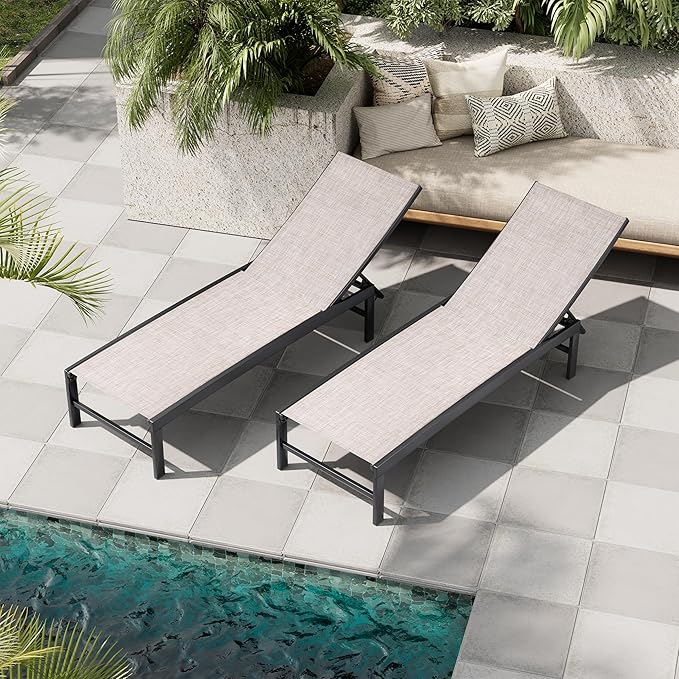 Crestlive Products Chaise Lounge Chair Outdoor Set of 2, Adjustable 5 Positions Pool Tanning Recliner, Outdoor Lounge Furniture Perfect for Patio, Beach, Yard, Pool