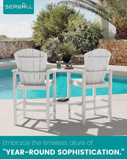 SERWALL Tall Adirondack Chairs Set of 4 with Double Layer Connecting Tray, HDPE Bar Height Outdoor Chairs, Wood-Like Adirondack Bar Stools for Patio, Balcony, Porch, White