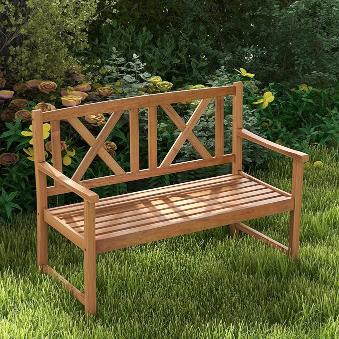 Wooden Outdoor Bench, 47.5” Rustic Acacia Wood Bench, Outside Garden Bench w/High Back & Armrest, 2-Person Loveseat Patio Bench for Front Porch Backyard Park, Teak Finish (Cross)