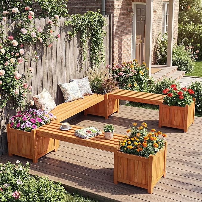 HAPPYGRILL 2-in-1 Outdoor Bench with 2 Raised Garden Beds, 2 Person Patio Bench with Teak Oil Finish, Open-Ended Base, Wooden Garden Bench for Flowerpots, Indoor Patio Yard Porch Decoration (2)