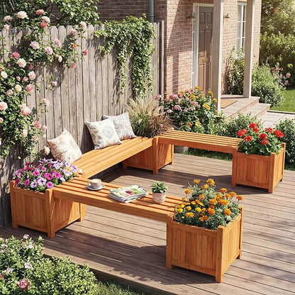HAPPYGRILL 2-in-1 Outdoor Bench with 2 Raised Garden Beds, 2 Person Patio Bench with Teak Oil Finish, Open-Ended Base, Wooden Garden Bench for Flowerpots, Indoor Patio Yard Porch Decoration (2)