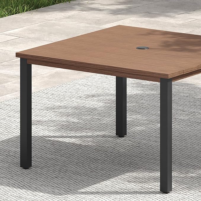 VICLLAX 40.2" Square Patio Dining Table for 4, Outdoor Table with Umbrella Hole, All Weather Metal Patio Table for Lawn Garden, Walnut Wood-Like Tabletop