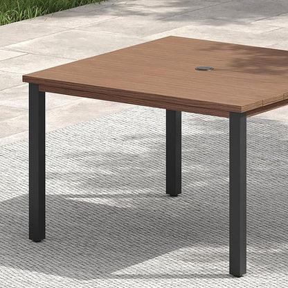VICLLAX 40.2" Square Patio Dining Table for 4, Outdoor Table with Umbrella Hole, All Weather Metal Patio Table for Lawn Garden, Walnut Wood-Like Tabletop