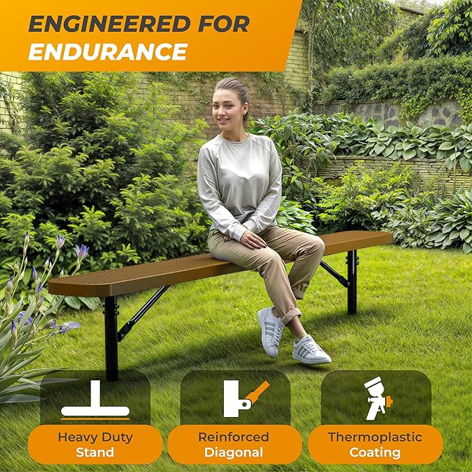 Heavy-Duty Outdoor Metal Bench, Thermoplastic-Coated, Inground, Weatherproof, Commercial-Grade for Parks, Gardens, Patios, Stores & More (8 Ft - Inground, Brown)