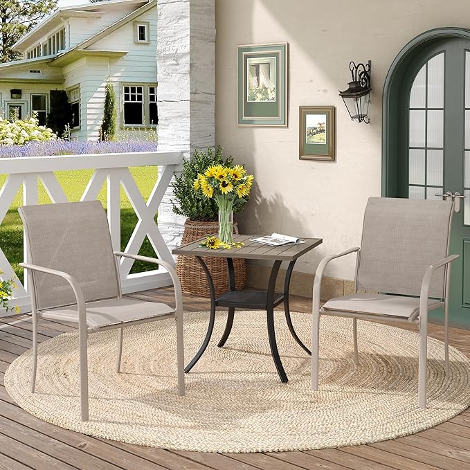 DIFY 27.6" Small Square Outdoor Dining Table for 2, Slatted Metal Patio Table with Storage Shelf, All-Weather Patio Dining Table for Garden Backyard Deck, Grey Wood-Like Tabletop