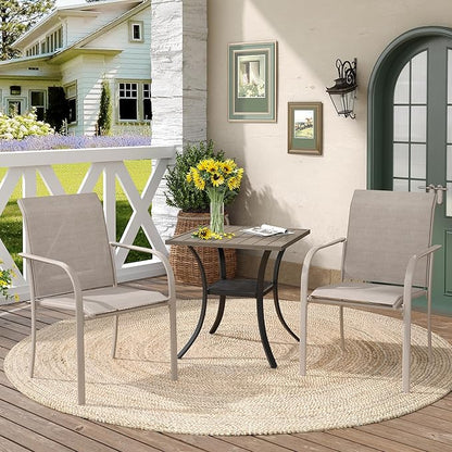 DIFY 27.6" Small Square Outdoor Dining Table for 2, Slatted Metal Patio Table with Storage Shelf, All-Weather Patio Dining Table for Garden Backyard Deck, Grey Wood-Like Tabletop