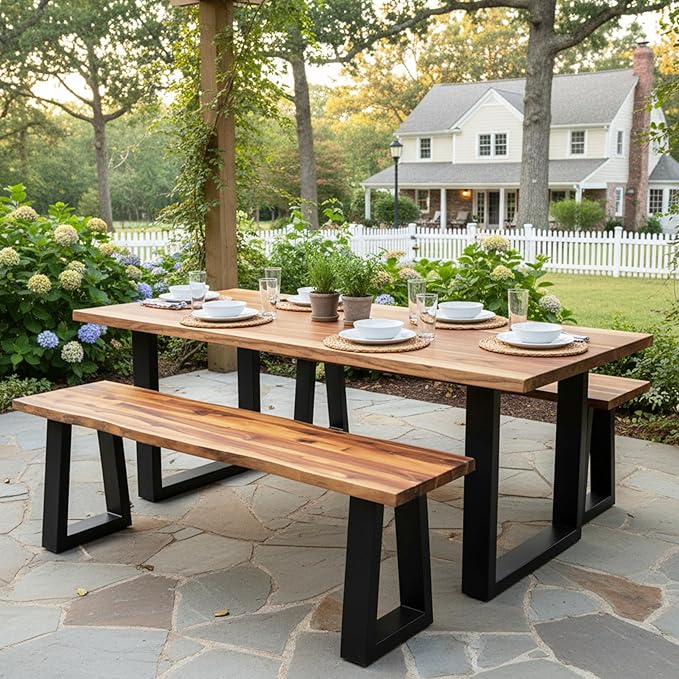 Tangkula Acacia Wood Outdoor Bench, Heavy Duty 2 Person Patio Backless Dining Bench with Metal Frame & Adjustable Foot Pads, Outside Bench for Poolside, Front Porch, Deck (2)