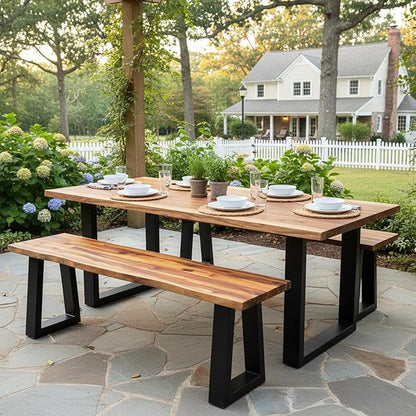 Tangkula Acacia Wood Outdoor Bench, Heavy Duty 2 Person Patio Backless Dining Bench with Metal Frame & Adjustable Foot Pads, Outside Bench for Poolside, Front Porch, Deck (2)