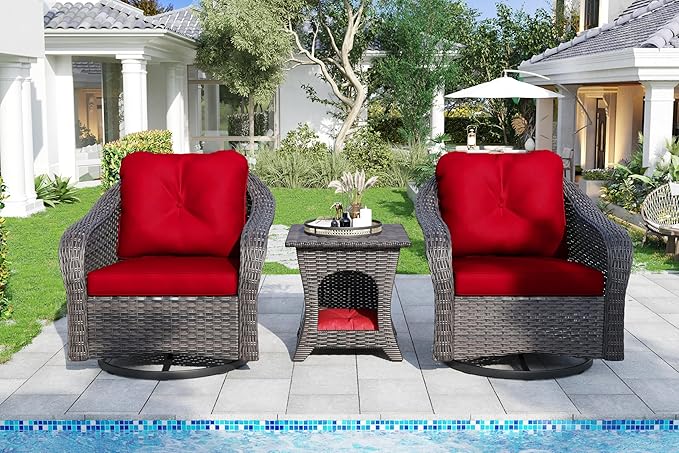 Wicker Swivel Rocking Chairs Set 2 with Storage Side Table - Outdoor Brown Wicker Swivel Glider Chair Outdoor Rocking Chair with Water-Resistant Cushions, Red