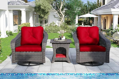 Wicker Swivel Rocking Chairs Set 2 with Storage Side Table - Outdoor Brown Wicker Swivel Glider Chair Outdoor Rocking Chair with Water-Resistant Cushions, Red