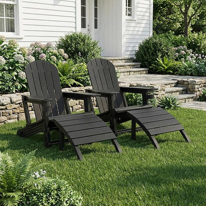 Shintenchi Adirondack Chair Set of 2,HDPE Adirondack Chairs with Umbrella Hole Connecting Tray & 2 Curved Ottoman,Plastic Outdoor Chairs with Cup Holders for Garden Backyard Pool,Black