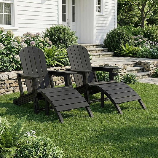Shintenchi Adirondack Chair Set of 2,HDPE Adirondack Chairs with Umbrella Hole Connecting Tray & 2 Curved Ottoman,Plastic Outdoor Chairs with Cup Holders for Garden Backyard Pool,Black