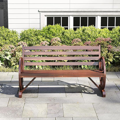 FIZZEEY Outdoor Bench - 52" Long Outside Garden Bench with Slatted Backrest & Wagon Wheel Armrests, Porch Furniture for Porch, Yard, Lawn, Rustic Brown