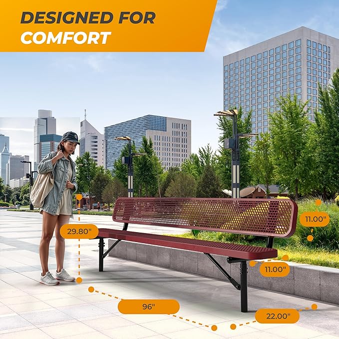 Heavy-Duty Outdoor Metal Bench, Thermoplastic-Coated, Inground, Weatherproof, Commercial-Grade for Parks, Gardens - Photo 2