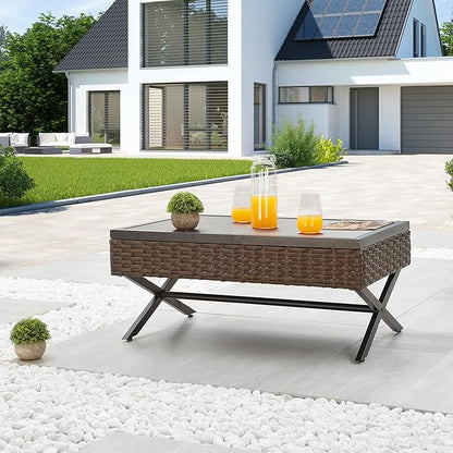 LOKATSE Home Outdoor Side Wicker Table Patio Rattan Bistro Furniture Metal Frame End Coffee Tables with X Shaped Steel Legs & Wood Grain Desktop