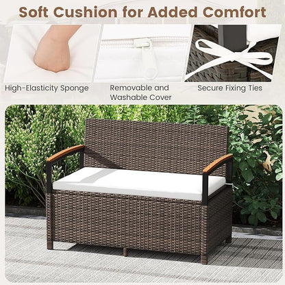 RELAX4LIFE Wicker Outdoor Storage Bench - Rattan Deck Box w/Protective Liner for Patio Furniture Pillows, Pool Supplies & Garden Tools, Porch Loveseat with Seat Cushion, Acacia Wood Armrests