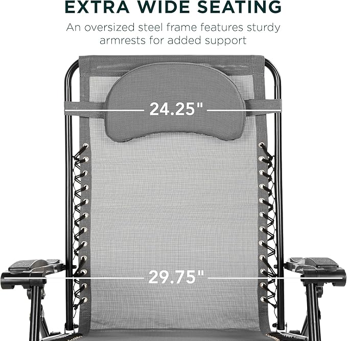 Best Choice Products Oversized Zero Gravity Chair, Folding Outdoor Patio Lounge Recliner w/Cup Holder Accessory Tray, Pillow - Gray