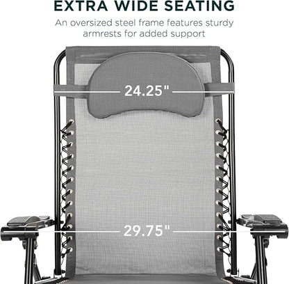 Best Choice Products Oversized Zero Gravity Chair, Folding Outdoor Patio Lounge Recliner w/Cup Holder Accessory Tray, Pillow - Gray