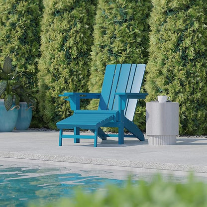 Flash Furniture Halifax Poly Resin Adirondack Chair with Cup Holder and Pull Out Ottoman, All-Weather Poly Resin Indoor/Outdoor Lounge Chair, Set of 2, Blue