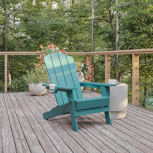 Flash Furniture Newport Adirondack Chair with Cup Holder, Weather Resistant Poly Resin Adirondack Chair, Blue