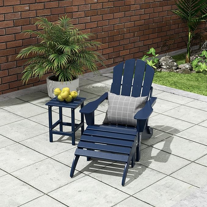WO Home Furniture 3pc Set - HDPE Poly Adirondack Chair with Ottoman/Footrest and Square Side Table, All Weather and UV Resistant for Outdoor Patio Backyard, Garden, Navy Blue