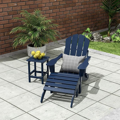 WO Home Furniture 3pc Set - HDPE Poly Adirondack Chair with Ottoman/Footrest and Square Side Table, All Weather and UV Resistant for Outdoor Patio Backyard, Garden, Navy Blue