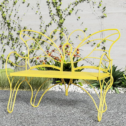 Outdoor Bench Patio Outdoor Garden Bench with Built-in Table, Butterfly Bench for Outside, 3 People Outdoor Bench Garden Bench Front Porch Furniture (Yellow, 49.2inch)