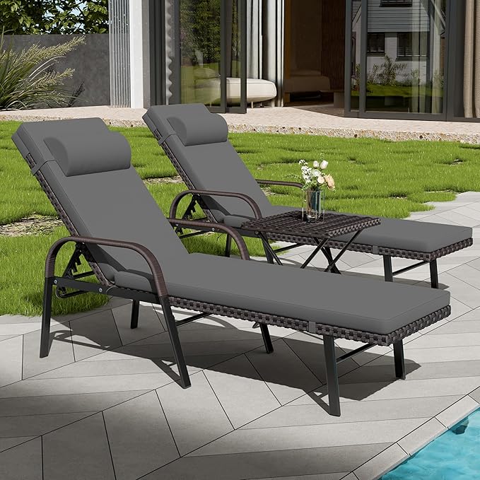 Patio Chaise Lounge Set 3 Pieces Outdoor Lounge Chair with Rattan Adjustable Backrest Armrest and Folding Table for Beach Patio,Sand, for Poolside Backyard Porch