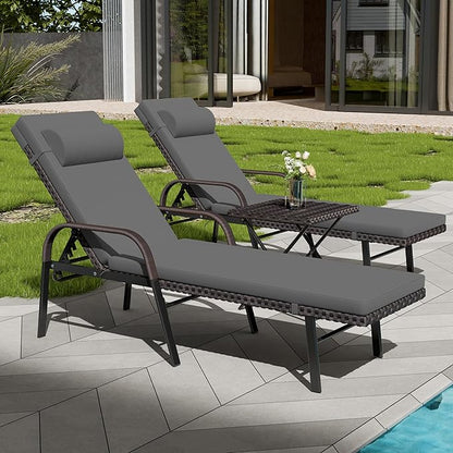 Patio Chaise Lounge Set 3 Pieces Outdoor Lounge Chair with Rattan Adjustable Backrest Armrest and Folding Table for Beach Patio,Sand, for Poolside Backyard Porch