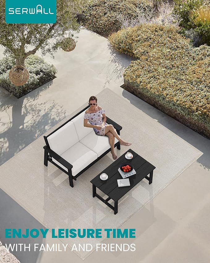 SERWALL HDPE Outdoor Patio Loveseat, Black Frame and Khaki Cushion - Photo 8