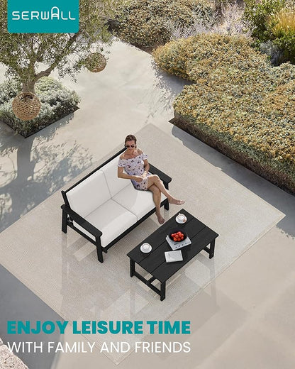 SERWALL HDPE Outdoor Patio Loveseat, Black Frame and Khaki Cushion