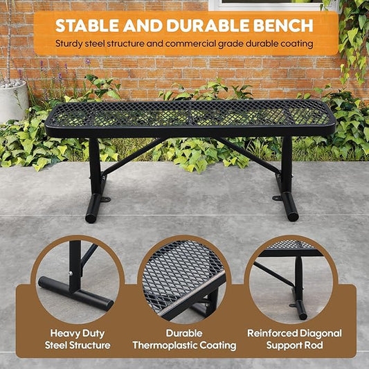 6FT Metal Park Bench for Outside, All-Weather Thermoplastic Coating Outdoor Bench with Anchor, Commercial Heavy Duty Benches for Shopping Malls, Stores, Parks, Patios, Decks, Black