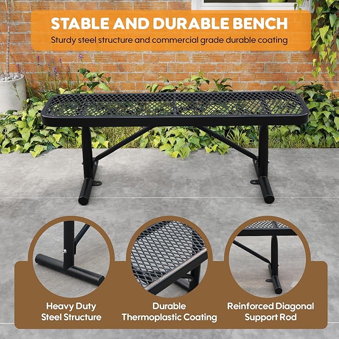 4FT Metal Park Bench for Outside, All-Weather Thermoplastic Coating Outdoor Bench with Anchor, Commercial Heavy Duty Benches for Shopping Malls, Stores, Parks, Patios, Decks, Black