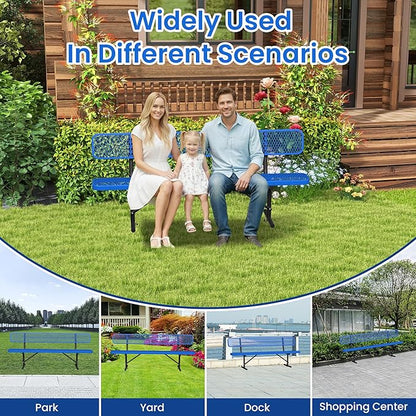 8FT Heavy Duty Park Bench with Back Portable Frame, Outdoor Steel Bench with Backrest, Outdoor Park Bench Expanded Metal Mesh Bench for Lawn, Park, Deck, Garden, Patio, Porch, Black (Blue, 8FT)