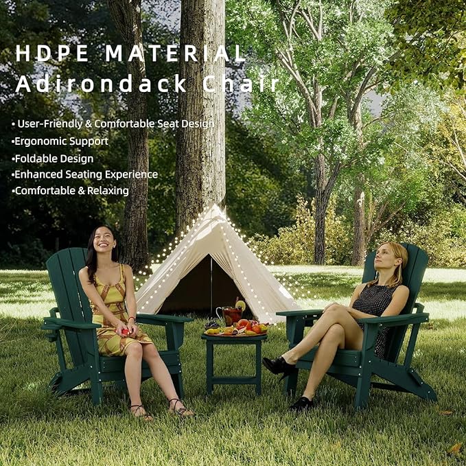 Folding Adirondack Chair Set of 6, HDPE Outdoor Patio Chair with Cup Holder, All Weather Plastic Lawn Chair with Wide Armrests, Portable Patio Chair for Backyard Deck Garden Fire Pit Poolside, Green