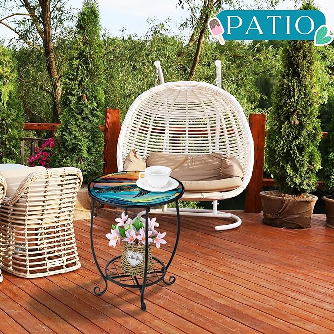 Outdoor Side Table Round Small Mosaic Patio Accent Indoor End Plant Coffee Tea Table for Yard Patio Porch Garden Living - Photo 5