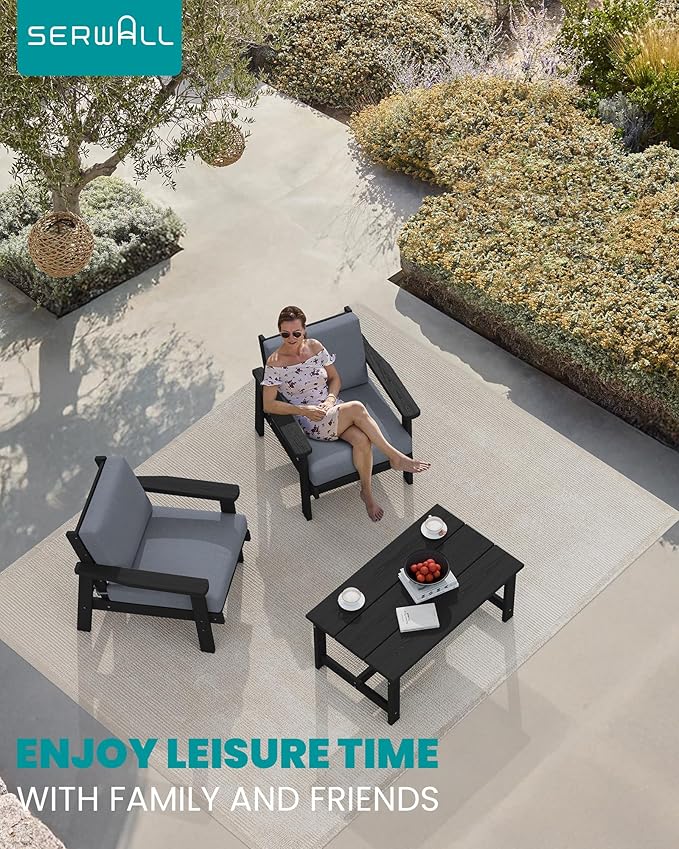 SERWALL HDPE Outdoor Couch, Black Frame and Grey Cushion